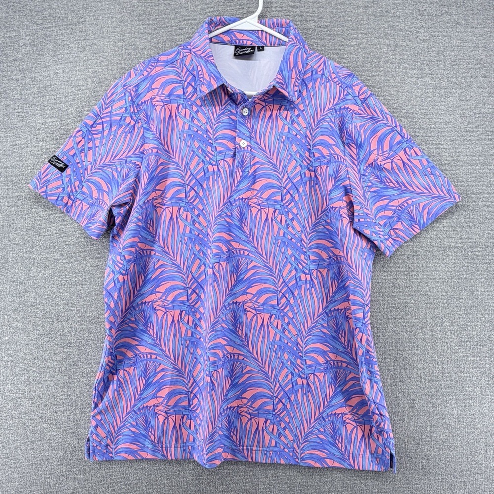 Sunday Swagger Golf Polo Shirt Men Size Large Pink Blue Palm Leaf Short Sleeve